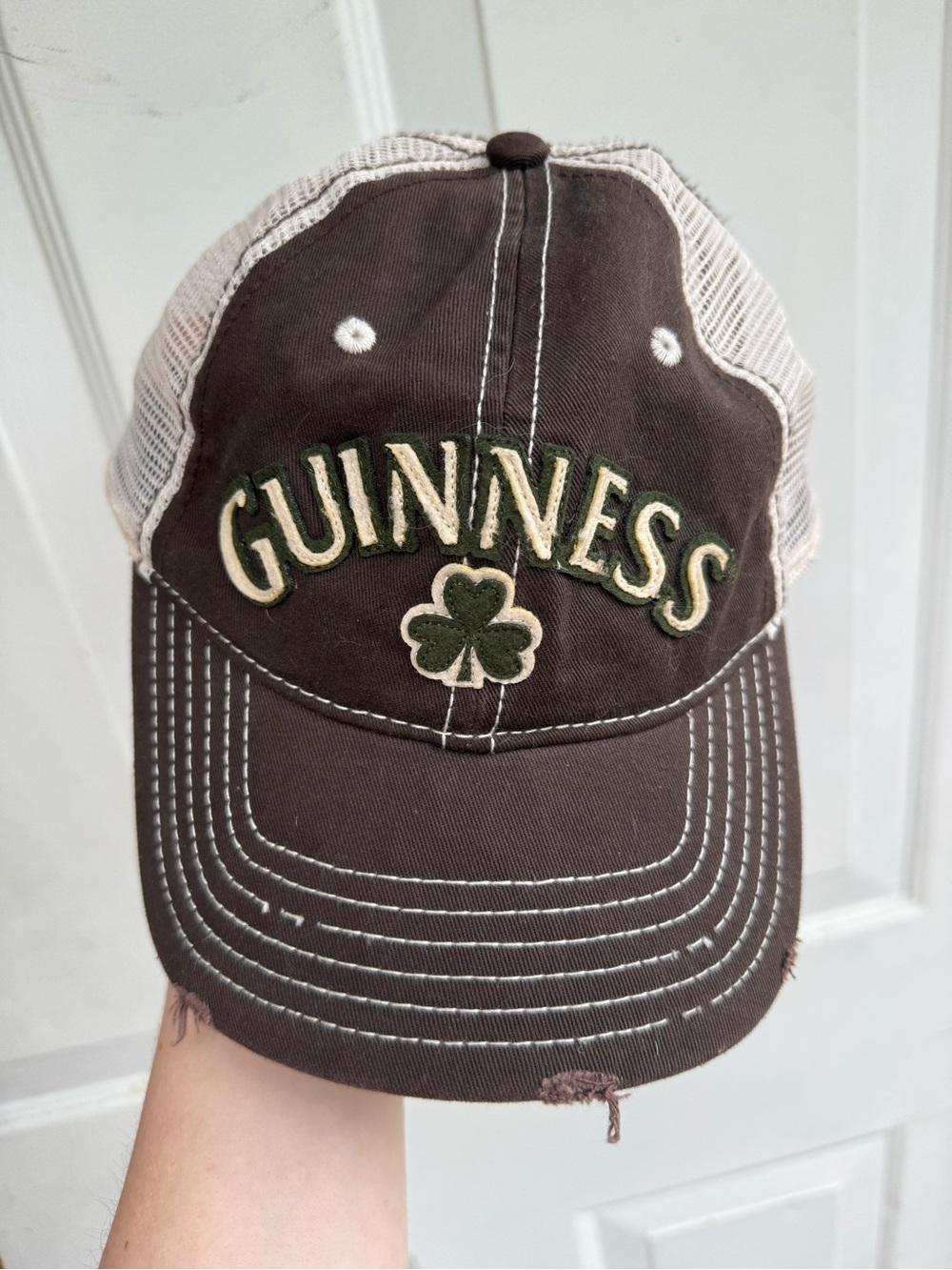 Guinness Distressed Trucker Hat Brown Cream Mesh Embroidered Logo Cap ☘️